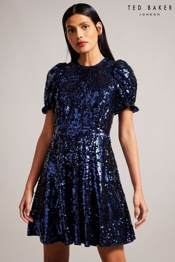 Ted Baker Zayyla Navy Blue Sequin Puff Sleeve Mini Dress (910855) | £250