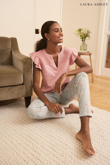 Laura Ashley Green/Pink Mosedale Posy Print Cotton Blend Top And Trouser Pyjamas (910941) | £35