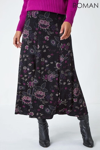 Roman Black Floral Print Stretch Midi Skirt (911461) | £26