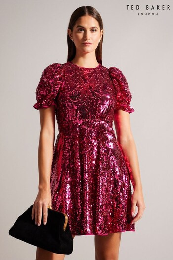 Ted Baker Zayyla Pink Sequin Puff Sleeve Mini Dress (911927) | £250