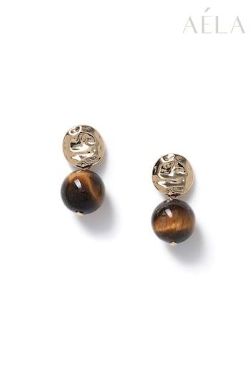 Aela Gold Tone Semi Precious Tigers Eye Drop Earrings (911939) | £22.50