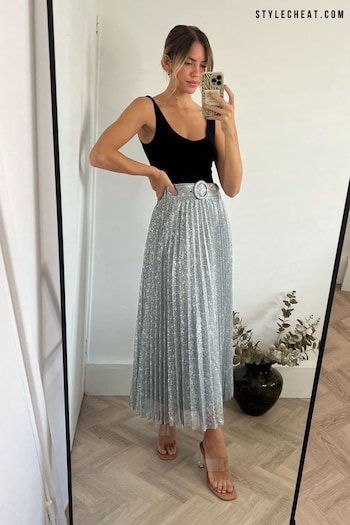 Style Cheat Silver Demi Belted Pleated Midi Skirt (911955) | £45