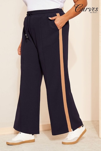 Curves Like These Navy Blue Side Stripe Wide Leg Trousers (912327) | £42