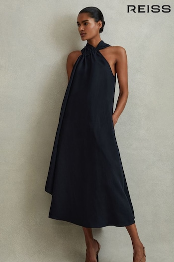 Reiss Navy Cosette Linen Blend Drape Midi tkaniny Dress (913309) | £178