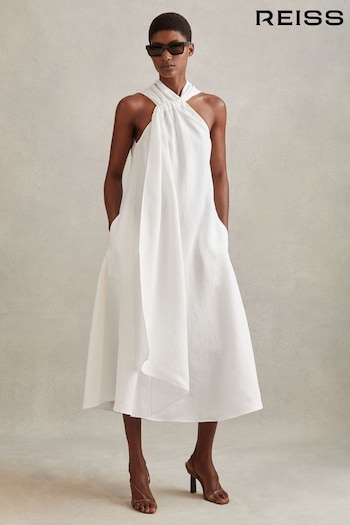 Reiss White Cosette Linen Blend Drape Midi Dress Green (913742) | £178
