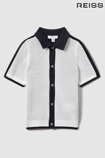 Reiss Navy/Optic White Misto Cotton Blend Open Stitch Shirt (913904) | £46