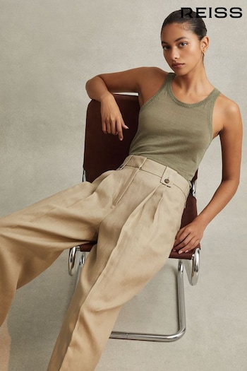 Reiss Light Khaki Leila Petite Linen Front Pleat Trousers (913956) | £178