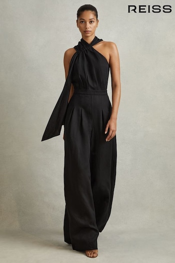 Reiss Black Selena Linen Blend Drape Jumpsuit (914381) | £268