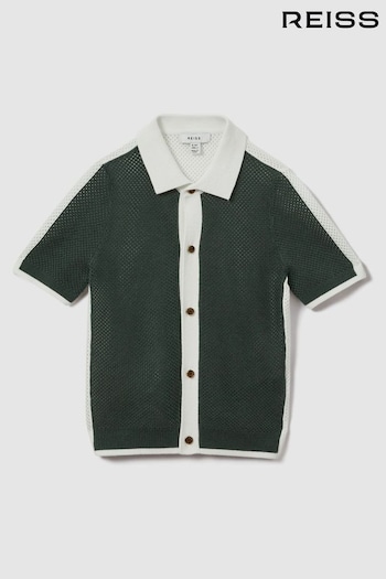 Reiss Green/Optic White Misto Teen Cotton Blend Open Stitch Shirt (914382) | £46