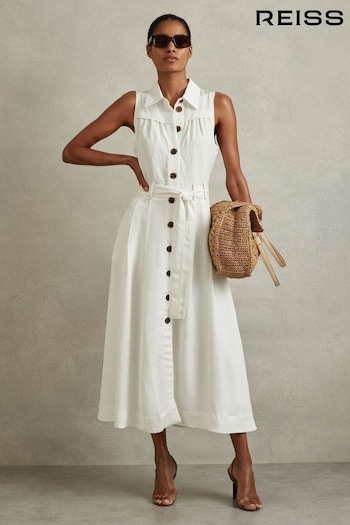 Reiss White Heidi Viscose Linen Belted Midi Dress Boutique (914498) | £178