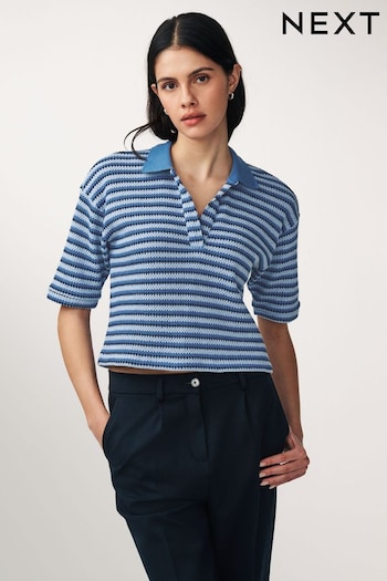Blue Short Sleeve Crochet Polo Shirt (915144) | £35