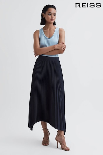 Reiss Navy Jodie Pleated Asymmetric Midi Skirt (915337) | £178