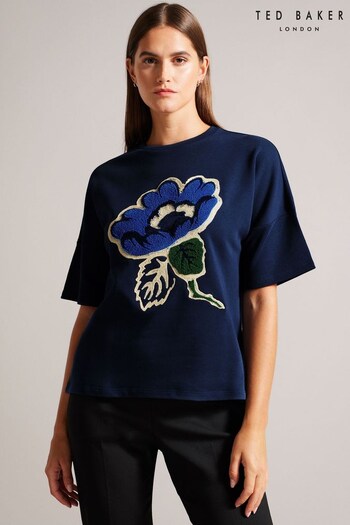 Ted Baker Blue Kasyann Boxy T-Shirt With Applique Flower (915562) | £55