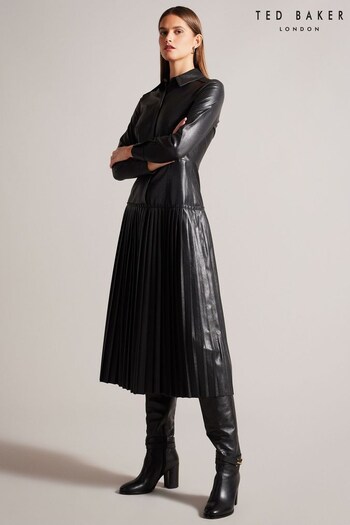 Ted Baker Navaehh Midi Shirt Black Dress With Pleated Skirt (916154) | £250