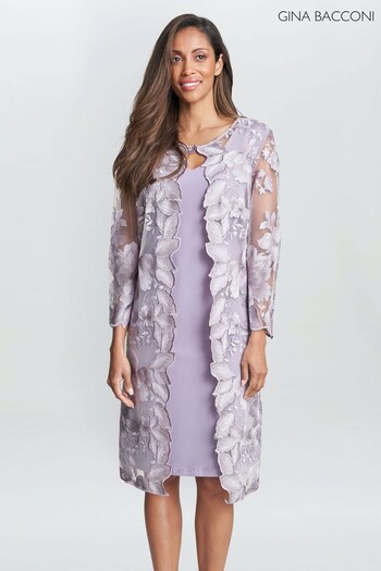 Gina Bacconi Purple Savoy Embroidered Lace Mock Jacket With Jersey Dress (916466) | £299