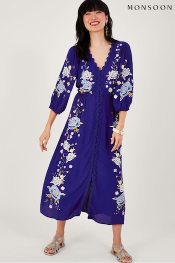 Monsoon Blue Olla Floral Embroidered Tea Dress smocked-detail in Sustainable Viscose (916623) | £110