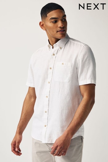 White Standard Collar Linen Blend Short Sleeve Shirt (916812) | £28