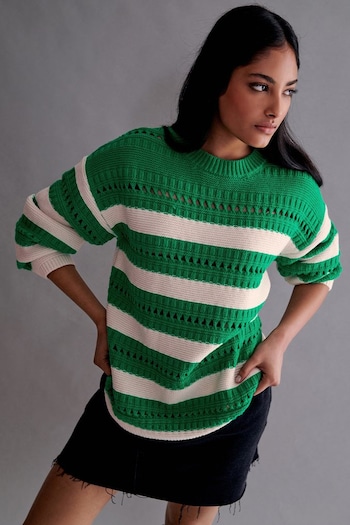 Green and Ecru Cream Stitch Detail Stripe Long Sleeve Jumper (917026) | £36