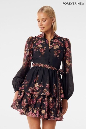 Forever New Black Raine Printed Tiered Mini hang Dress (917172) | £110