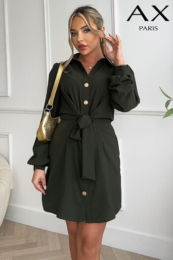 AX Paris Olive Green Button Tie Front Mini pima Shirt Dress (917260) | £45