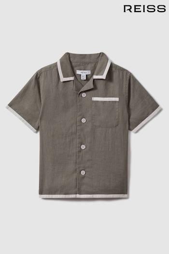 Reiss Khaki/White Vitan Linen Contrast Cuban Collar Shirt (917617) | £46