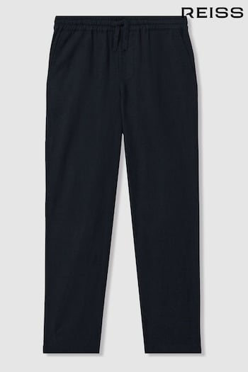 Reiss Navy Wilfred Linen Drawstring Tapered Trousers (917678) | £46