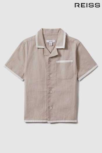 Reiss Stone/White Vitan Linen Contrast Cuban Collar Shirt (917889) | £46