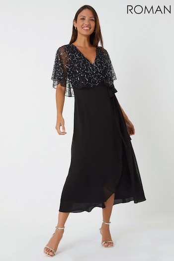Roman Black Sequin Embellished Cape Wrap Dress (918415) | £90
