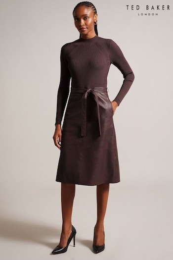 Ted Baker Alltaa Knitted Bodice Brown Dress With Faux Leather Skirt (919411) | £250
