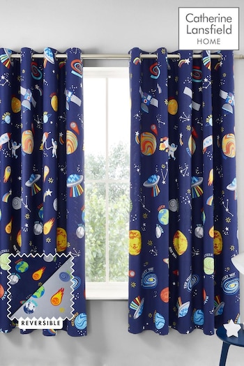 Catherine Lansfield Blue Lost In Space Reversible Lined Eyelet Christmas Curtains (919627) | £45