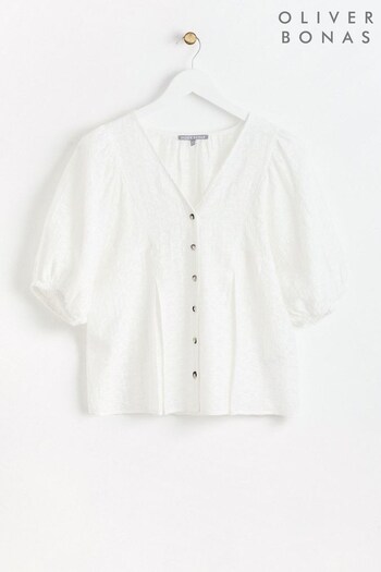 Oliver Bonas Puff Sleeve Textured White Blouse (921090) | £55