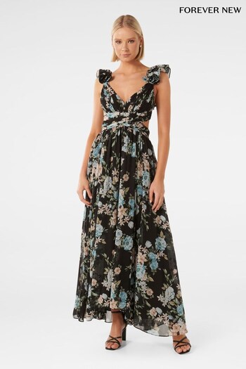 Forever New Black Selena Ruffle Shoulder Maxi Dress (921272) | £110