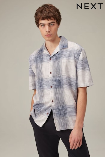 White/Blue Linen Blend Check Short Sleeve Shirt (922180) | £30