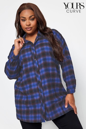 Yours Curve Blue Brushed Check Oversized Boyfriend Shirt (922217) | £28
