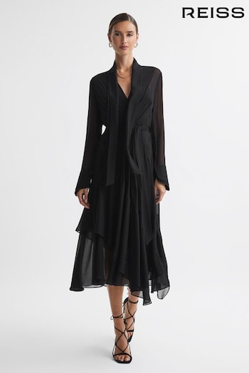 Reiss Black Callie Belted Ruffle Midi Dress (922473) | £258