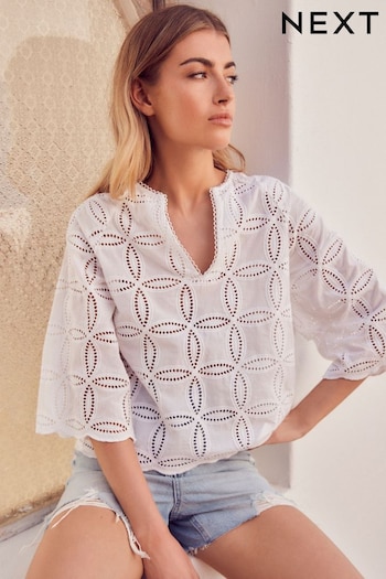 White 3/4 Sleeve Floral Broderie Notch Neck Top (922792) | £42