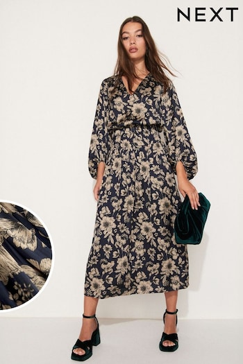 Blue Long Sleeve Satin Ruched Waist Detail Printed Dress temporada (922923) | £75