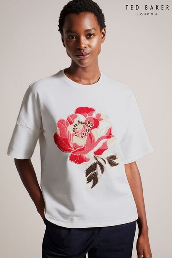 Ted Baker Kaitiah Boxy White T-Shirt With Applique Flower (923544) | £55