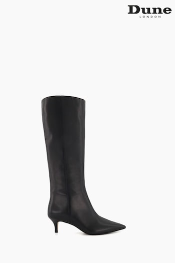 Dune London Smooth Kitten Heel Point Knee-High Black Boots (924566) | £200