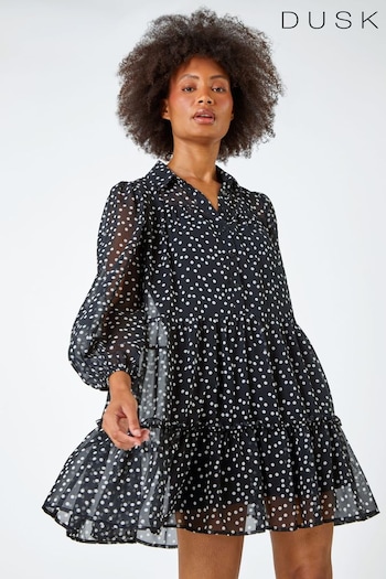 Dusk Black Polka Dot Print Tiered Shirt Dress (924681) | £50