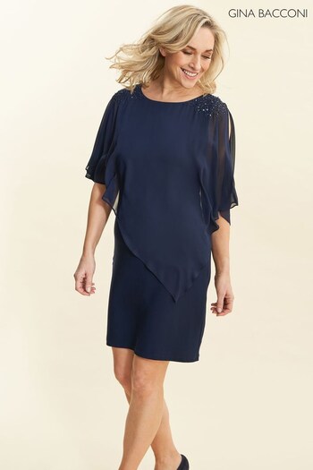 Gina Bacconi Blue Zenna Beaded Shoulder Chiffon Dress (924793) | £250