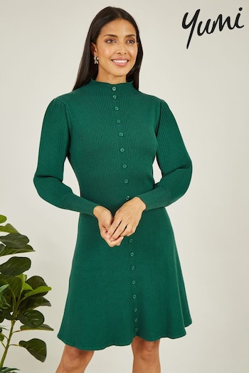 Yumi Green Knitted Button Up Midi Dress With Balloon Sleeves (925220) | £55