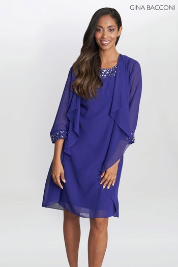 Gina Bacconi Blue Joseline Short Chiffon Jacket Dress With Beaded Neckline (925547) | £195