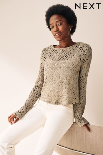 Mink Brown Wide Sleeve Crochet Jumper (925631) | £30