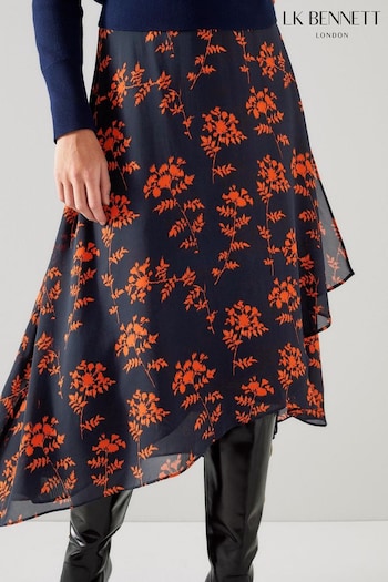 LK Bennett Blue and Orange Krasner Shadow Floral Print Skirt (925704) | £199
