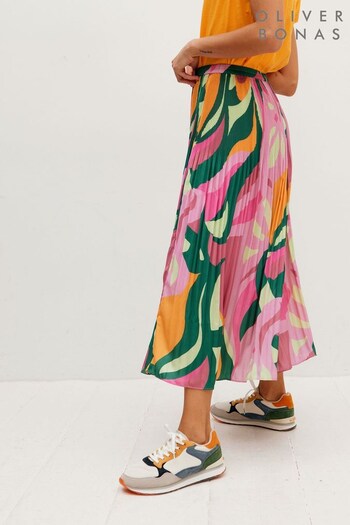 Oliver Bonas Green Abstract Swirl Print Plisse Midi Skirt (925816) | £65