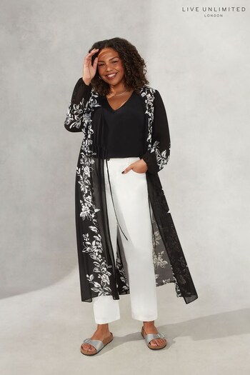 Live Unlimited Curve - Black Floral Placement Print Longline Cover-Up with Drawstring Waist (927697) | £89