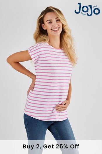 JoJo Maman Bébé White Pink Stripe Boyfriend Cotton Maternity T-Shirt (928887) | £16.50