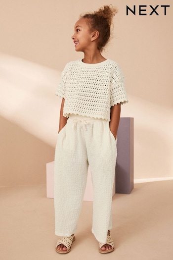 Neutral Crinkle Texture Jersey Wide Leg elastisk Trousers (3-16yrs) (929022) | £8 - £13