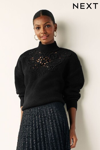 Black Embellished Crochet High Neck Jumper (929775) | £50